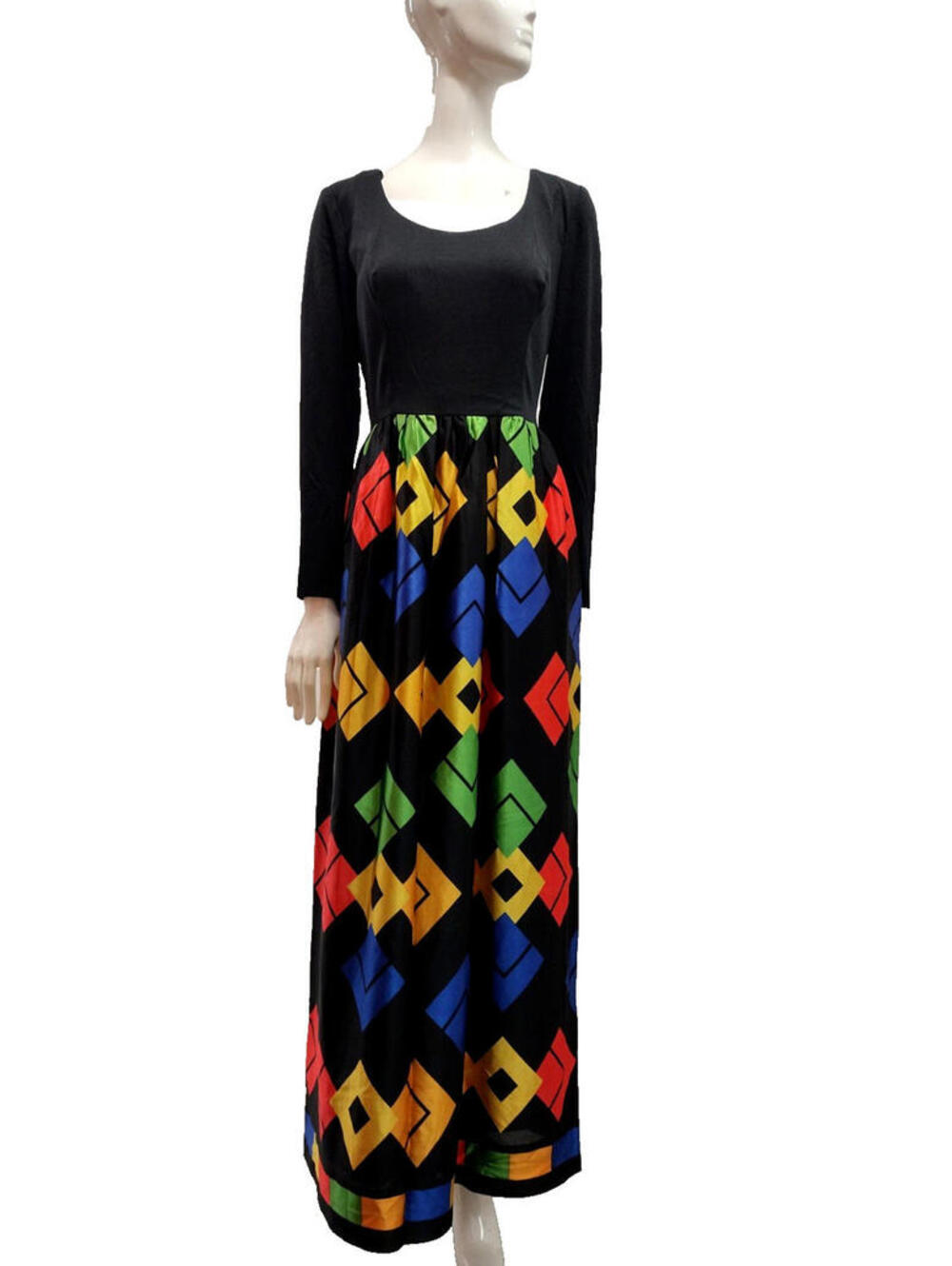 Vintage 70s Rainbow Diamonds Dress 60s Maxi Geometric Long Sleeve Multicolor Med